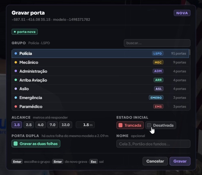 Painel Gravar porta com a lista de grupos, alcance, estado inicial e porta dupla